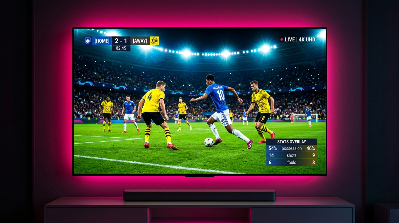 Diffusion match football 4K UHD en direct sur téléviseur avec éclairage ambiant